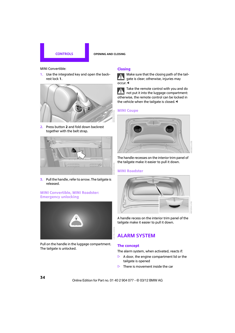 Alarm system | Mini 2012 Coupe Roadster Convertible User Manual | Page 35 / 283