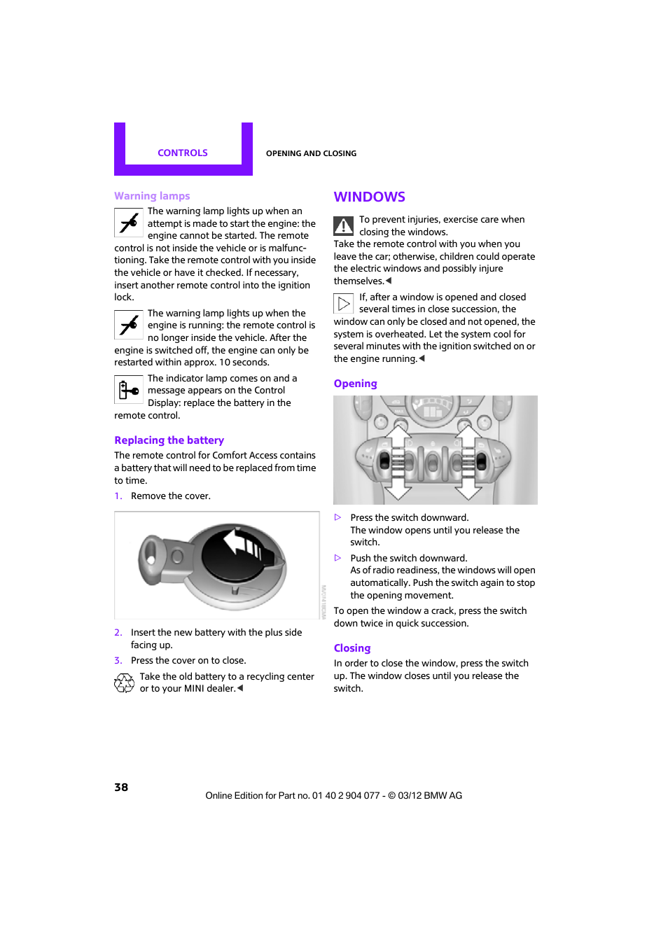 Windows, Ndows | Mini 2012 Coupe Roadster Convertible User Manual | Page 39 / 283