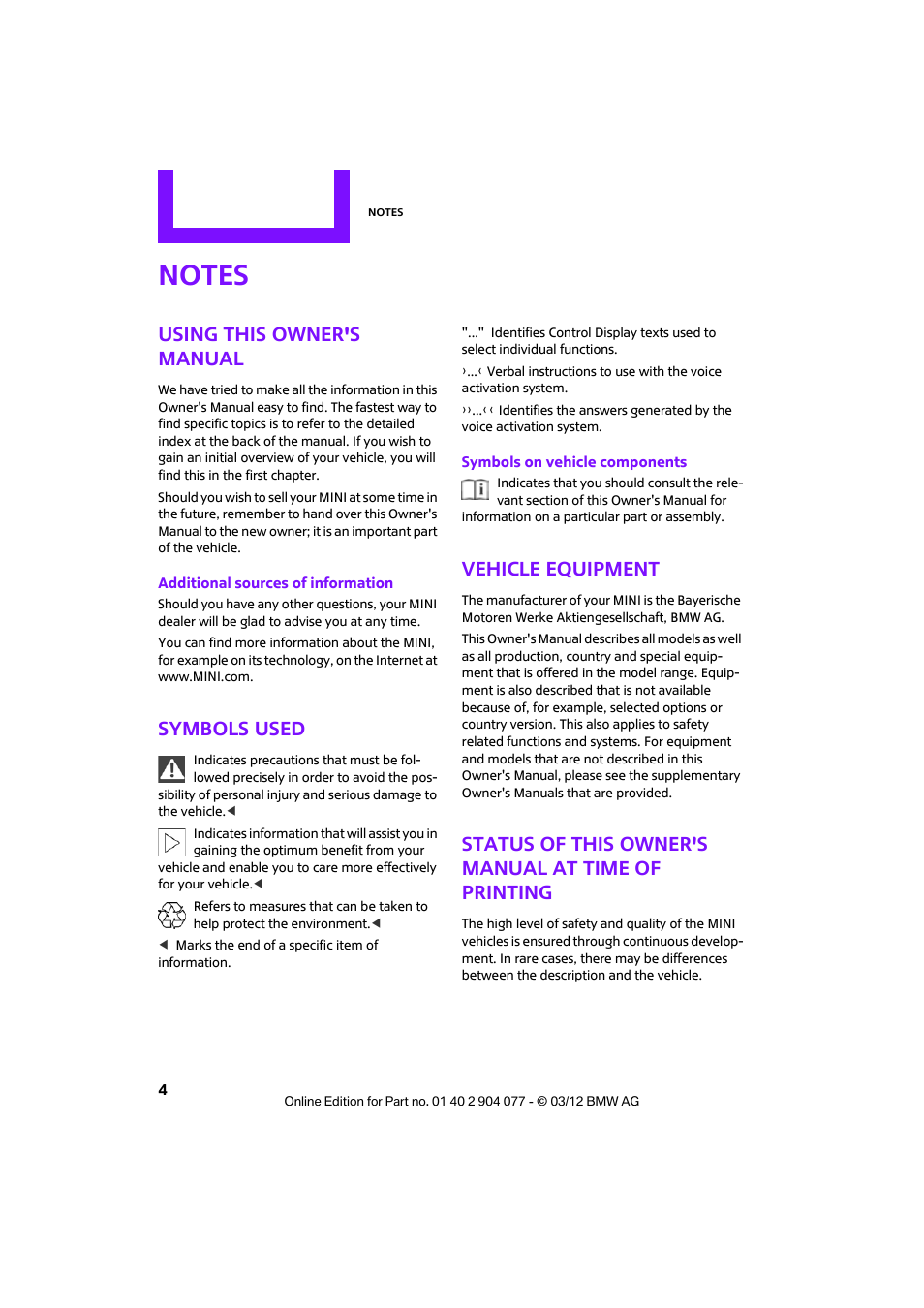 Notes, Using this owner's manual, Symbols used | Vehicle equipment, Status of this owner's manual at time of printing | Mini 2012 Coupe Roadster Convertible User Manual | Page 5 / 283