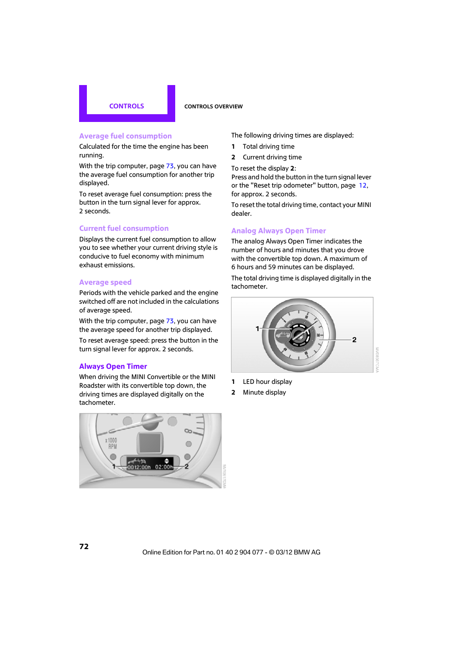 Mini 2012 Coupe Roadster Convertible User Manual | Page 73 / 283