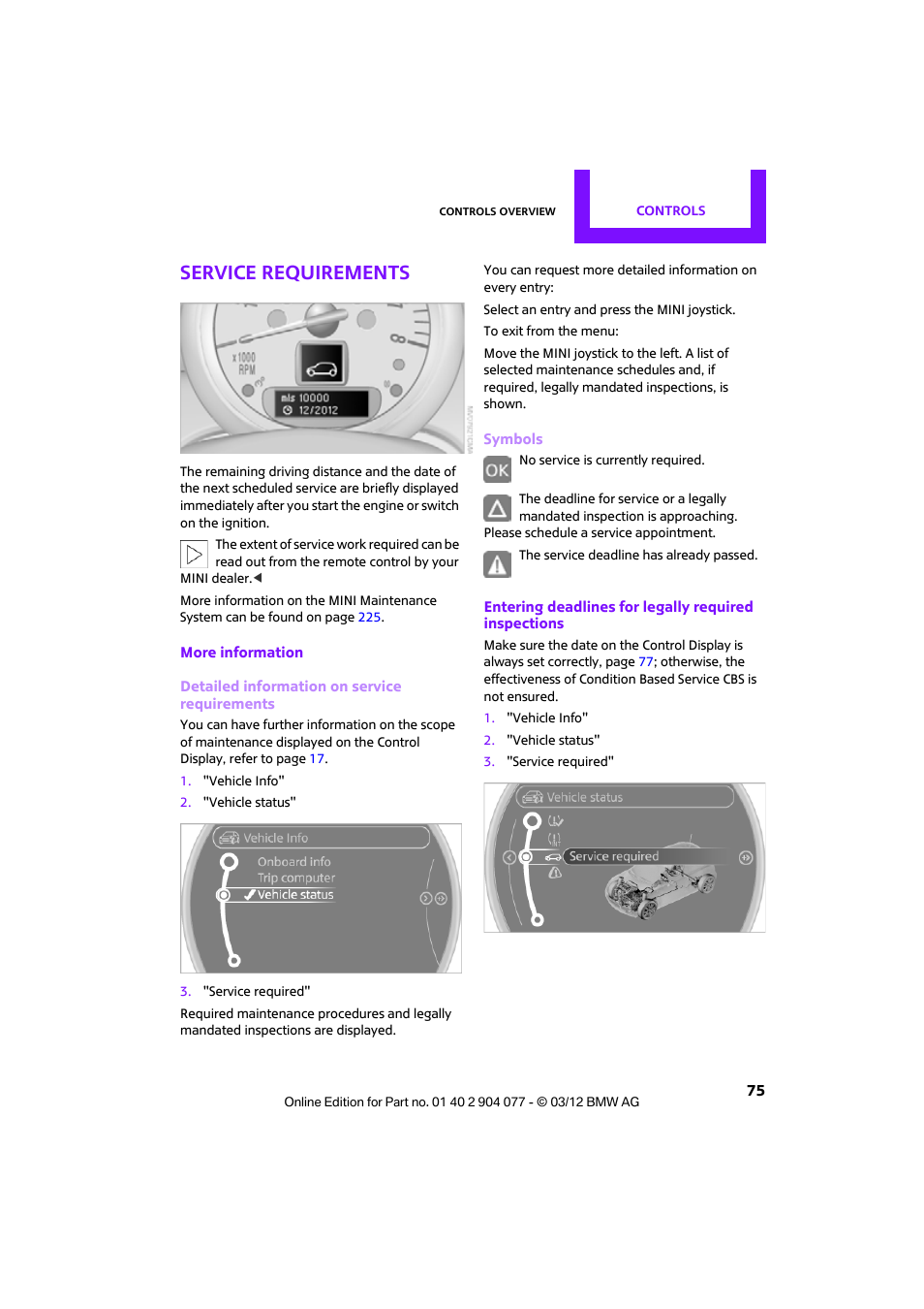 Service requirements | Mini 2012 Coupe Roadster Convertible User Manual | Page 76 / 283