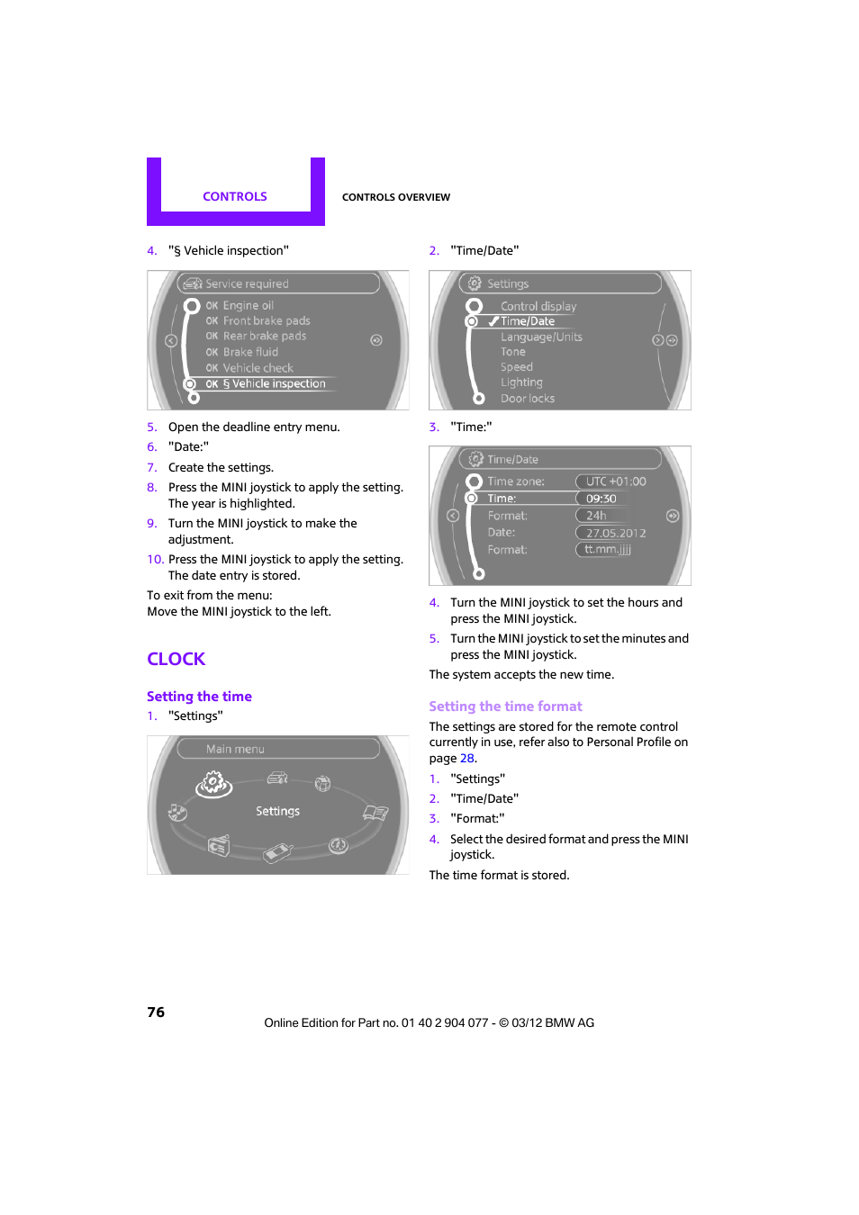 Clock | Mini 2012 Coupe Roadster Convertible User Manual | Page 77 / 283