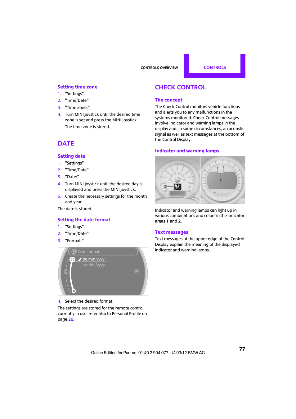 Date, Check control | Mini 2012 Coupe Roadster Convertible User Manual | Page 78 / 283