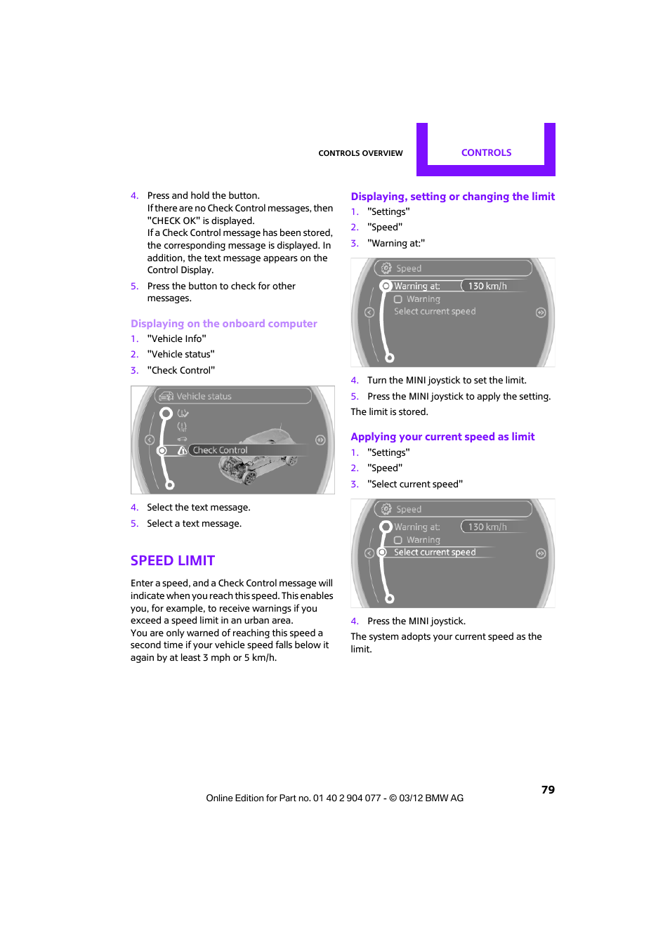 Speed limit | Mini 2012 Coupe Roadster Convertible User Manual | Page 80 / 283