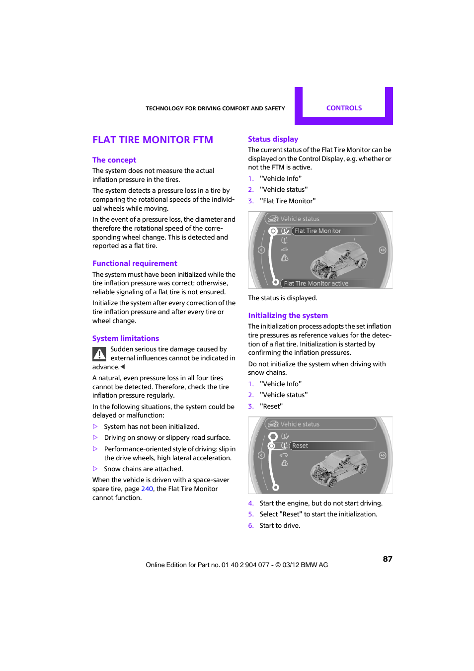 Flat tire monitor ftm | Mini 2012 Coupe Roadster Convertible User Manual | Page 88 / 283