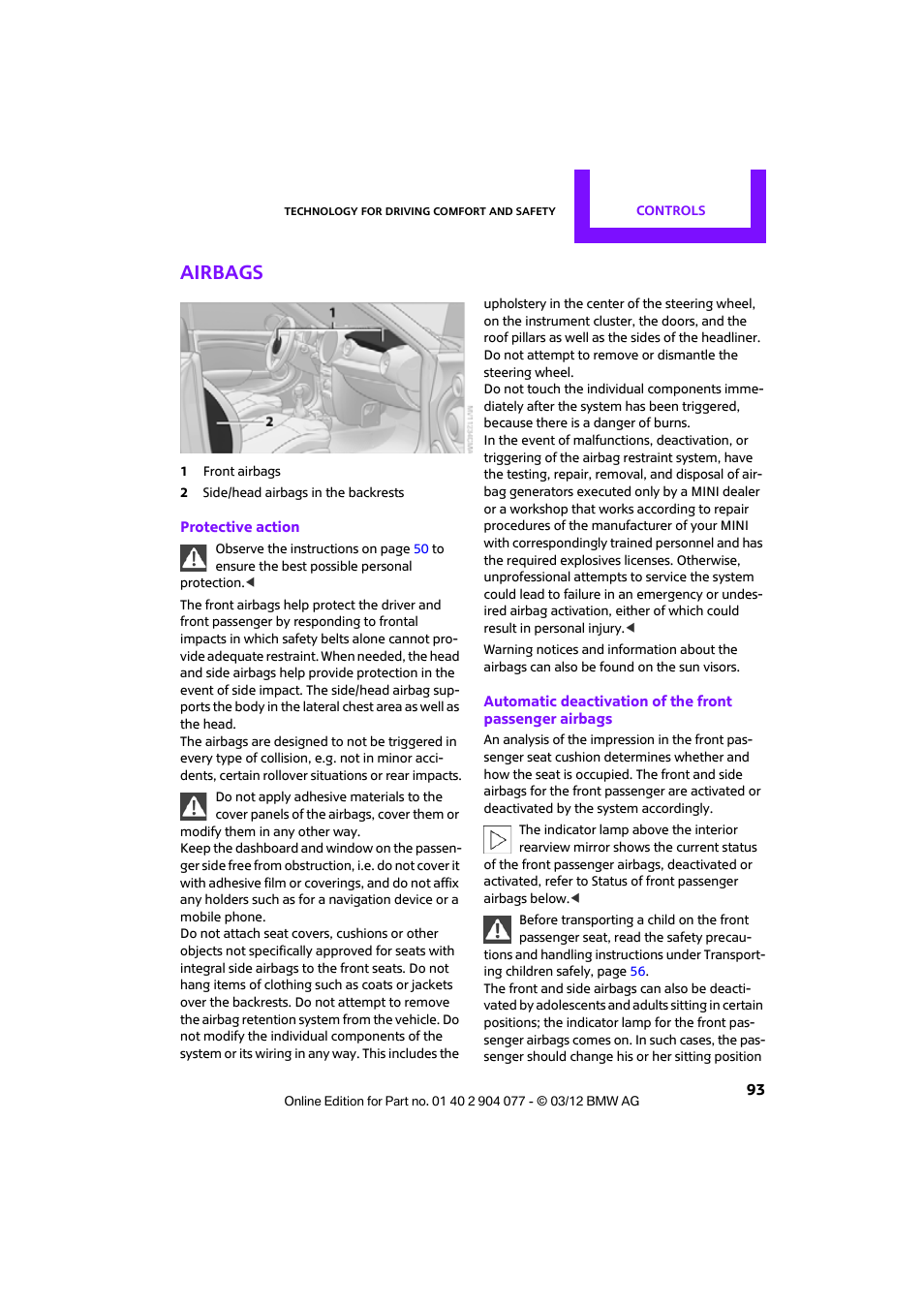 Airbags | Mini 2012 Coupe Roadster Convertible User Manual | Page 94 / 283