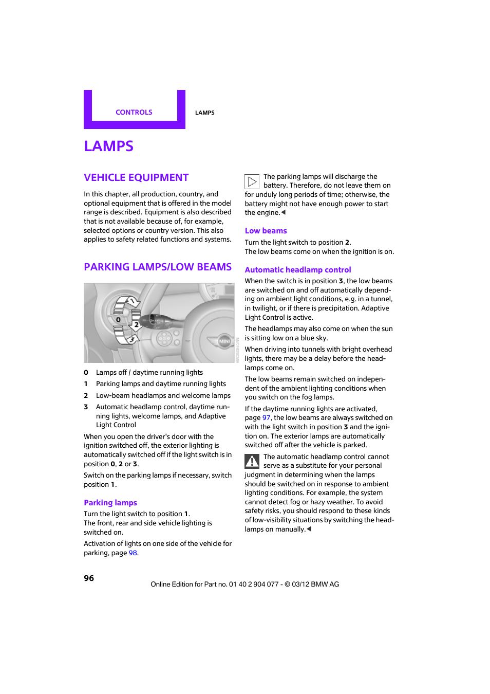 Lamps, Vehicle equipment, Parking lamps/low beams | G lamps | Mini 2012 Coupe Roadster Convertible User Manual | Page 97 / 283