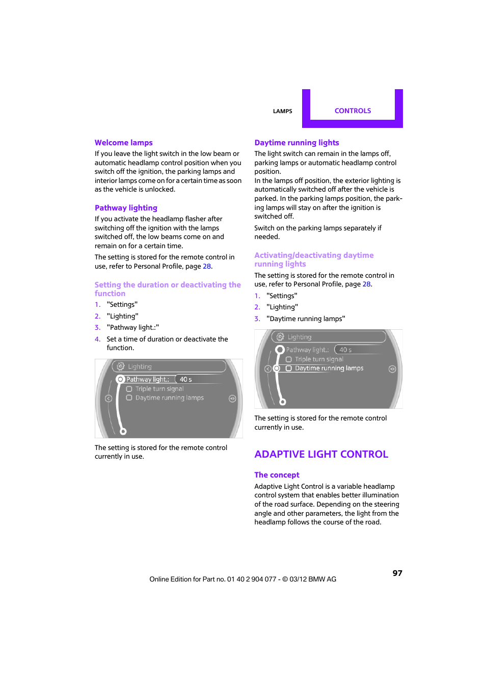 Adaptive light control, Hting | Mini 2012 Coupe Roadster Convertible User Manual | Page 98 / 283