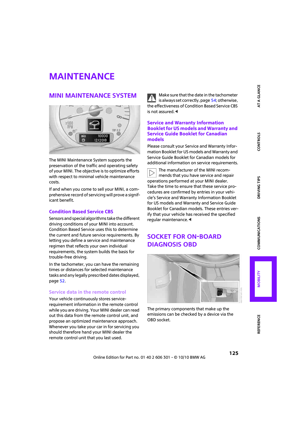 Maintenance, Mini maintenance system, Socket for on-board diagnosis obd | Service data in the remote control | Mini 2011 Countryman User Manual | Page 127 / 176