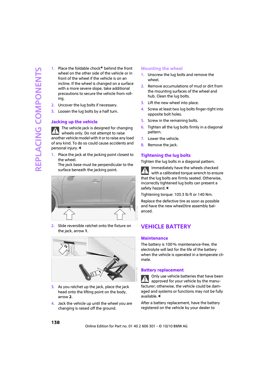 Vehicle battery, Replacing components | Mini 2011 Countryman User Manual | Page 140 / 176