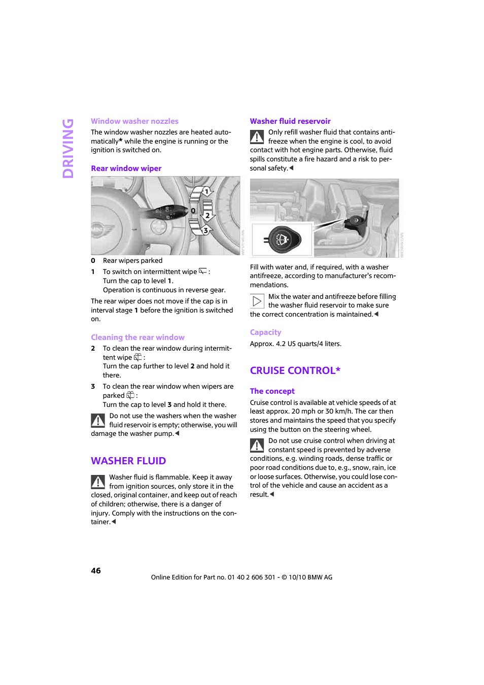 Washer fluid, Cruise control, Driving | Mini 2011 Countryman User Manual | Page 48 / 176