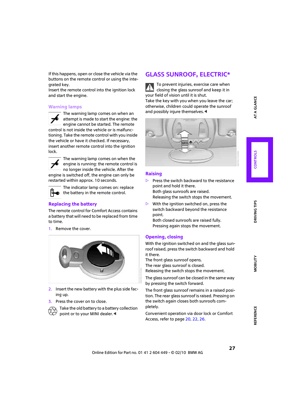 Glass sunroof, electric | Mini 2010 Clubman User Manual | Page 29 / 160