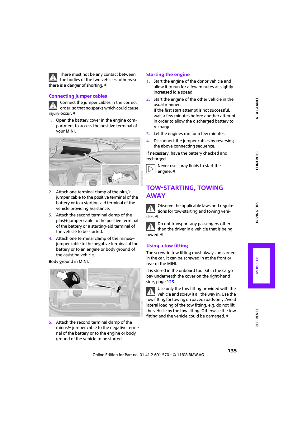 Tow-starting, towing away | Mini 2009 Cooper Convertible User Manual | Page 137 / 172