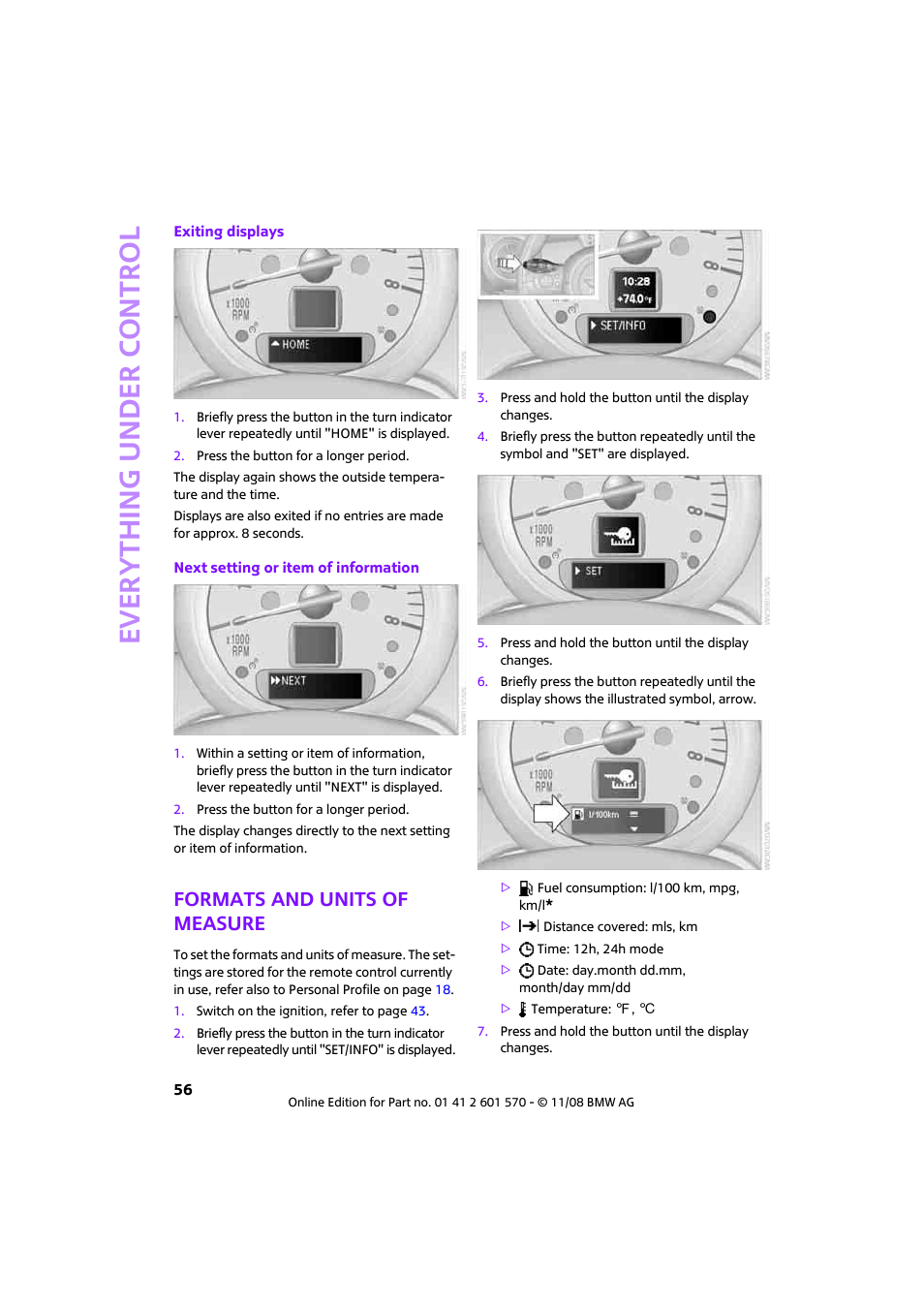 Formats and units of measure, For- mats and units of measure, Ure, refer to formats and units of measure | To formats and units of measure o, Everything under control | Mini 2009 Cooper Convertible User Manual | Page 58 / 172