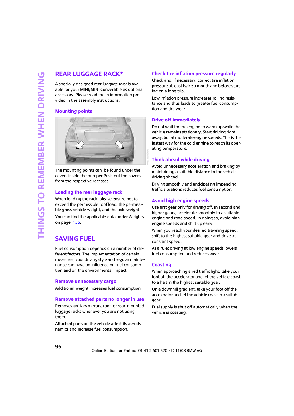 Rear luggage rack, Saving fuel, Things to remember when driving | Mini 2009 Cooper Convertible User Manual | Page 98 / 172