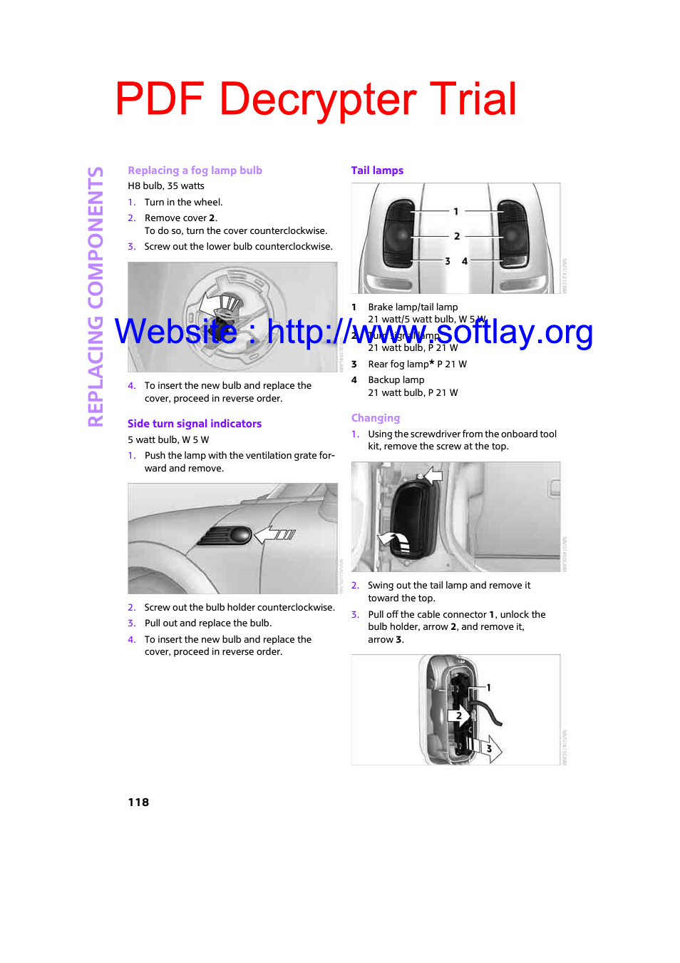 Pdf decrypter trial, Re p la c ing co mp o n en ts | Mini 2009 Clubman User Manual | Page 120 / 160