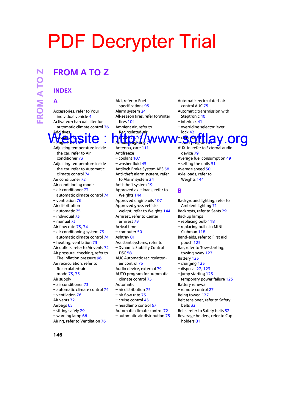 From a to z, Index, Pdf decrypter trial | Index a | Mini 2009 Clubman User Manual | Page 148 / 160