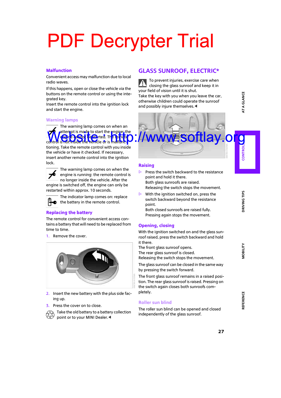 Glass sunroof, electric, Pdf decrypter trial | Mini 2009 Clubman User Manual | Page 29 / 160