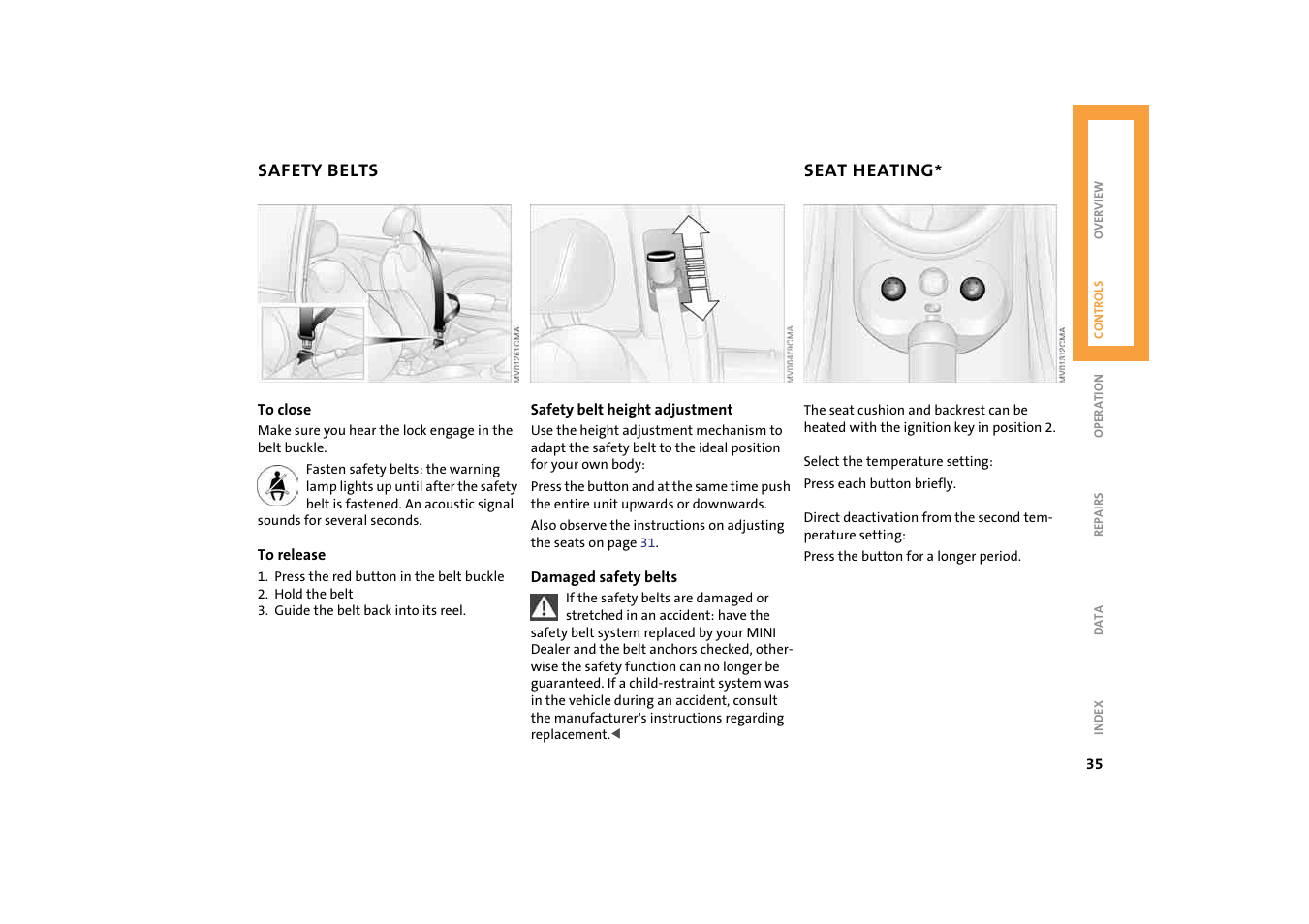 Safety belts, Seat heating | Mini 2004 Cooper User Manual | Page 37 / 152