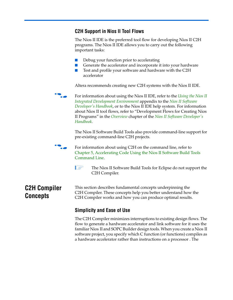 C2h support in nios ii tool flows, C2h compiler concepts, Simplicity and ease of use | C2h compiler concepts –6 | Altera Nios II C2H Compiler User Manual | Page 12 / 138