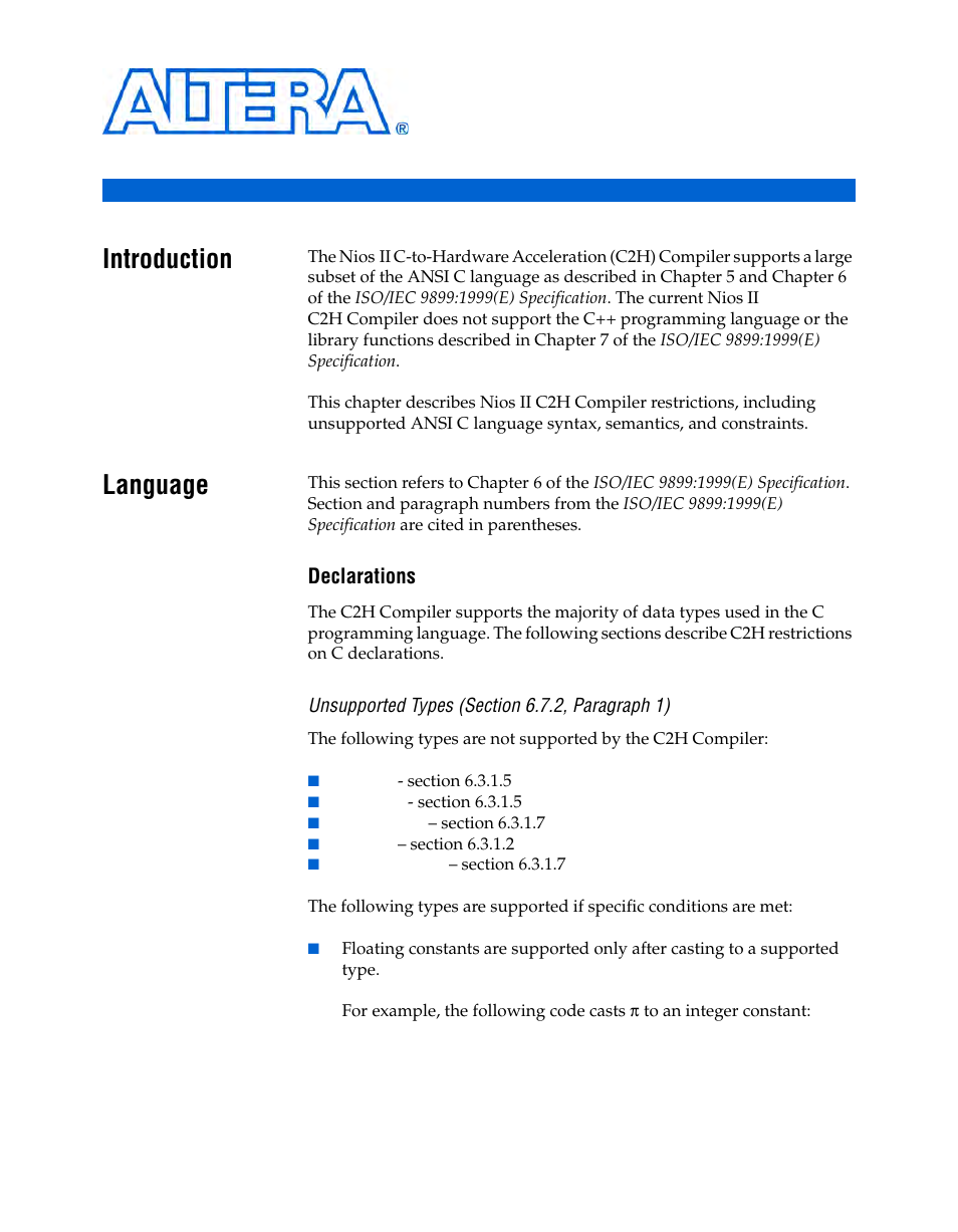Ansi c compliance and restrictions, Introduction, Language | Declarations, Unsupported types (section 6.7.2, paragraph 1), Chapter 7. ansi c compliance and restrictions, Introduction –1 language –1, Chapter 7, ansi c compliance and restrictions | Altera Nios II C2H Compiler User Manual | Page 125 / 138