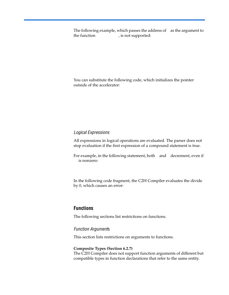 Logical expressions, Functions, Function arguments | Composite types (section 6.2.7) | Altera Nios II C2H Compiler User Manual | Page 128 / 138