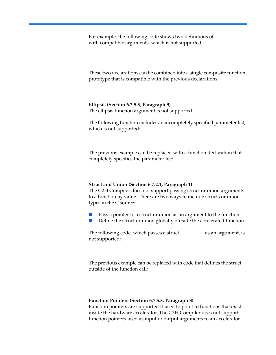 Ellipsis (section 6.7.5.3, paragraph 9), Struct and union (section 6.7.2.1, paragraph 1), Function pointers (section 6.7.5.3, paragraph 8) | Altera Nios II C2H Compiler User Manual | Page 129 / 138