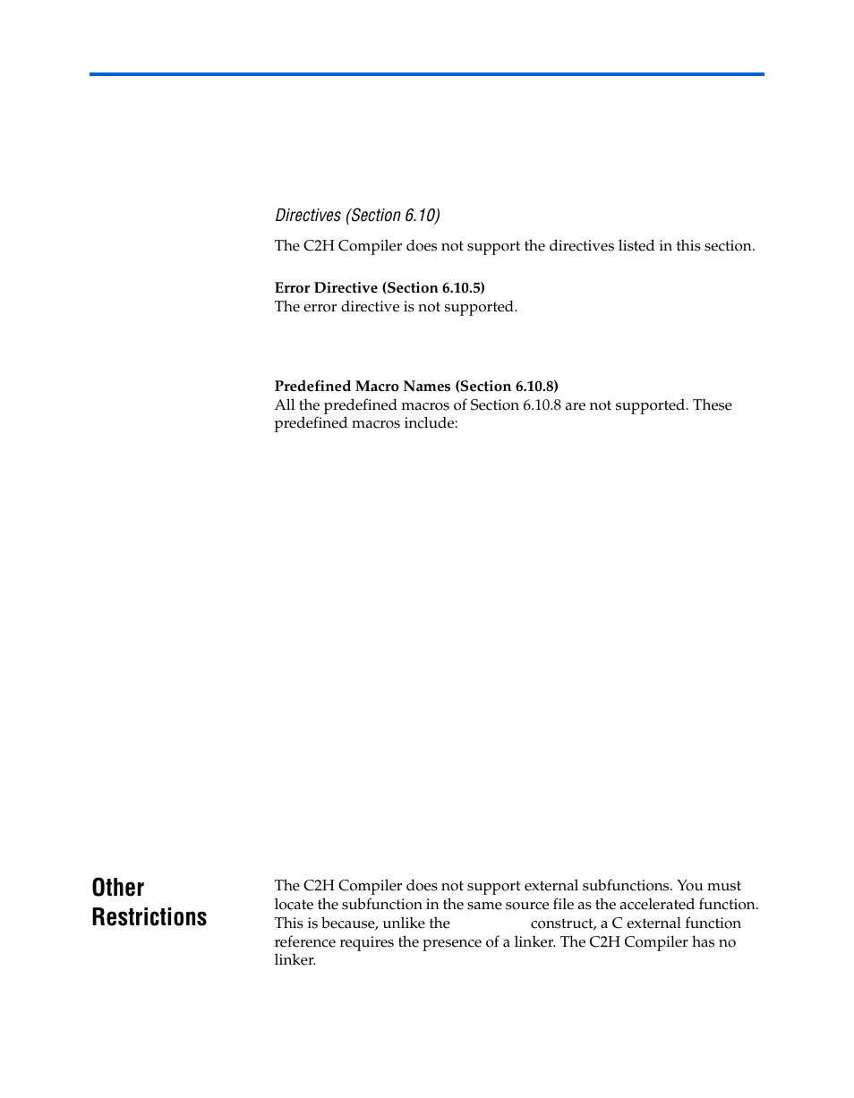 Directives (section 6.10), Error directive (section 6.10.5), Predefined macro names (section 6.10.8) | Other restrictions, Other restrictions –9 | Altera Nios II C2H Compiler User Manual | Page 133 / 138