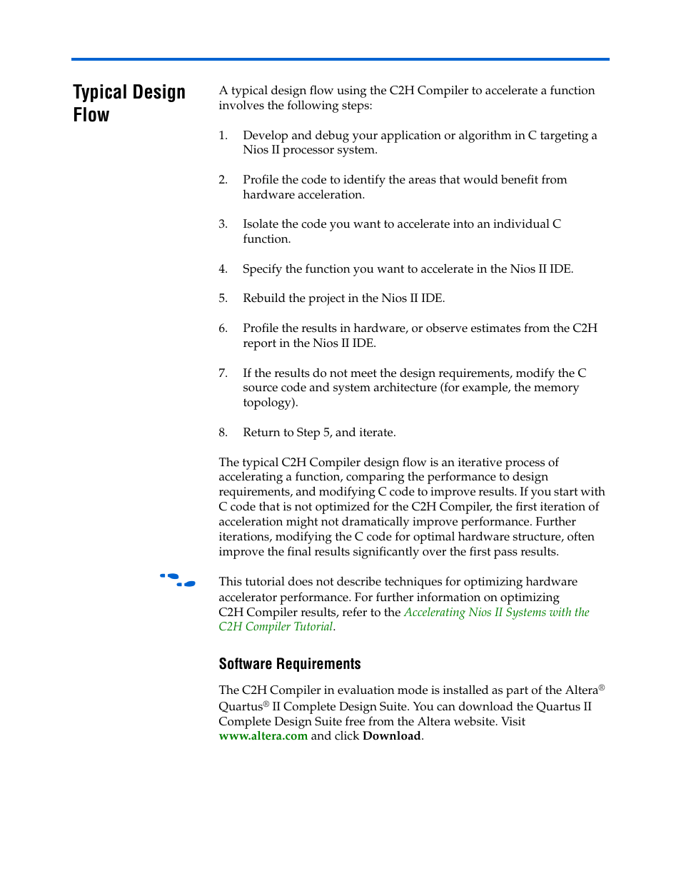 Typical design flow, Software requirements, Typical design flow –2 | Altera Nios II C2H Compiler User Manual | Page 24 / 138