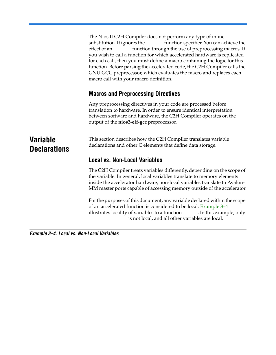 Macros and preprocessing directives, Variable declarations, Local vs. non-local variables | Variable declarations –13 | Altera Nios II C2H Compiler User Manual | Page 53 / 138