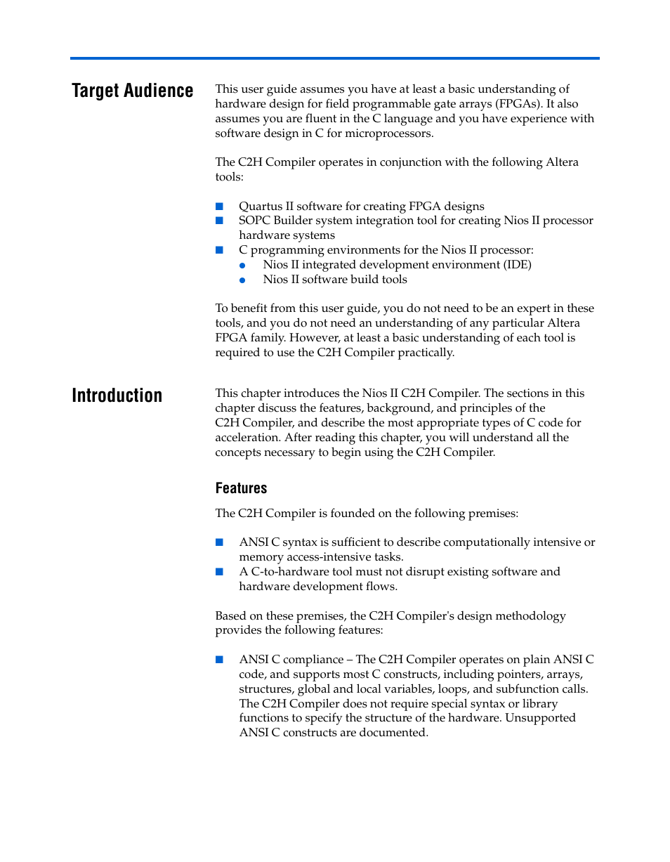 Target audience, Introduction, Features | Target audience –2 introduction –2 | Altera Nios II C2H Compiler User Manual | Page 8 / 138
