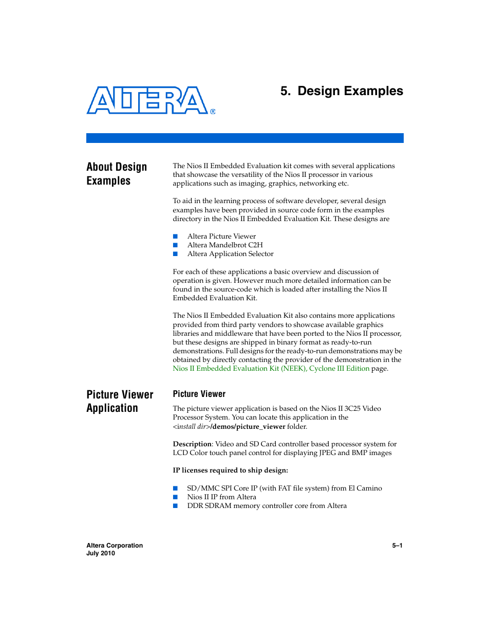 Design examples, About design examples, Picture viewer application | Picture viewer, Chapter 5. design examples | Altera Nios II Embedded Evaluation Kit Cyclone III Edition User Manual | Page 37 / 80