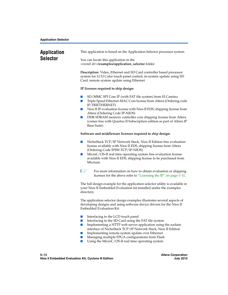 Application selector, Application selector –13 | Altera Nios II Embedded Evaluation Kit Cyclone III Edition User Manual | Page 49 / 80