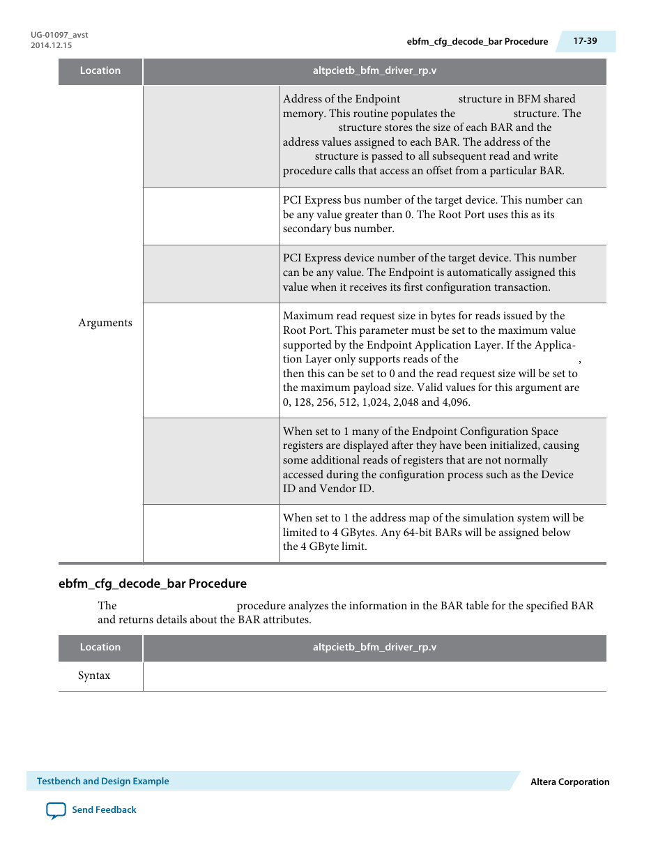 Ebfm_cfg_decode_bar procedure | Altera Stratix V Avalon-ST User Manual | Page 250 / 293