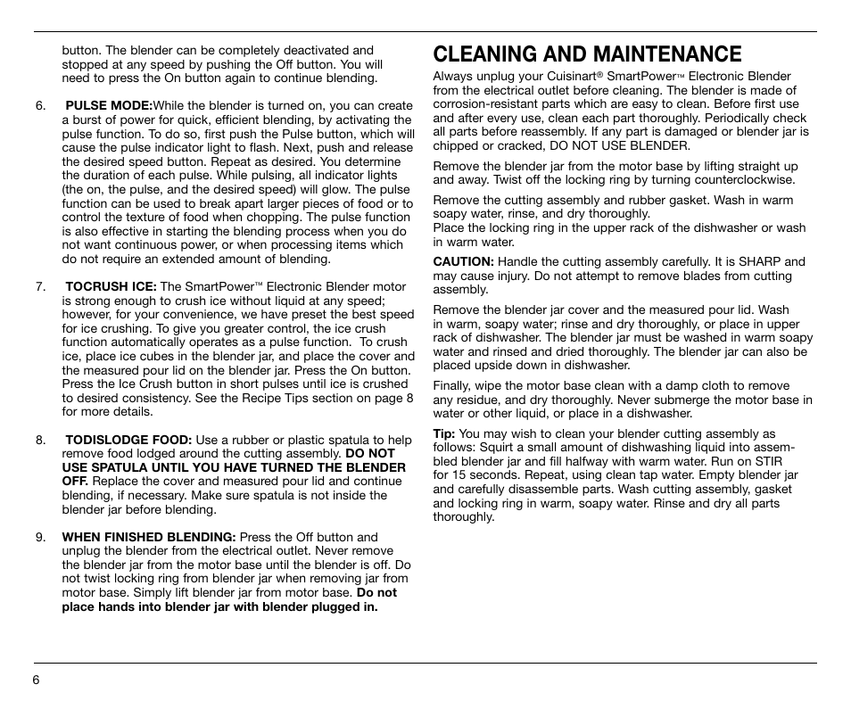 Cleaning and maintenance | Cuisinart SPB-7 Series User Manual | Page 6 / 41