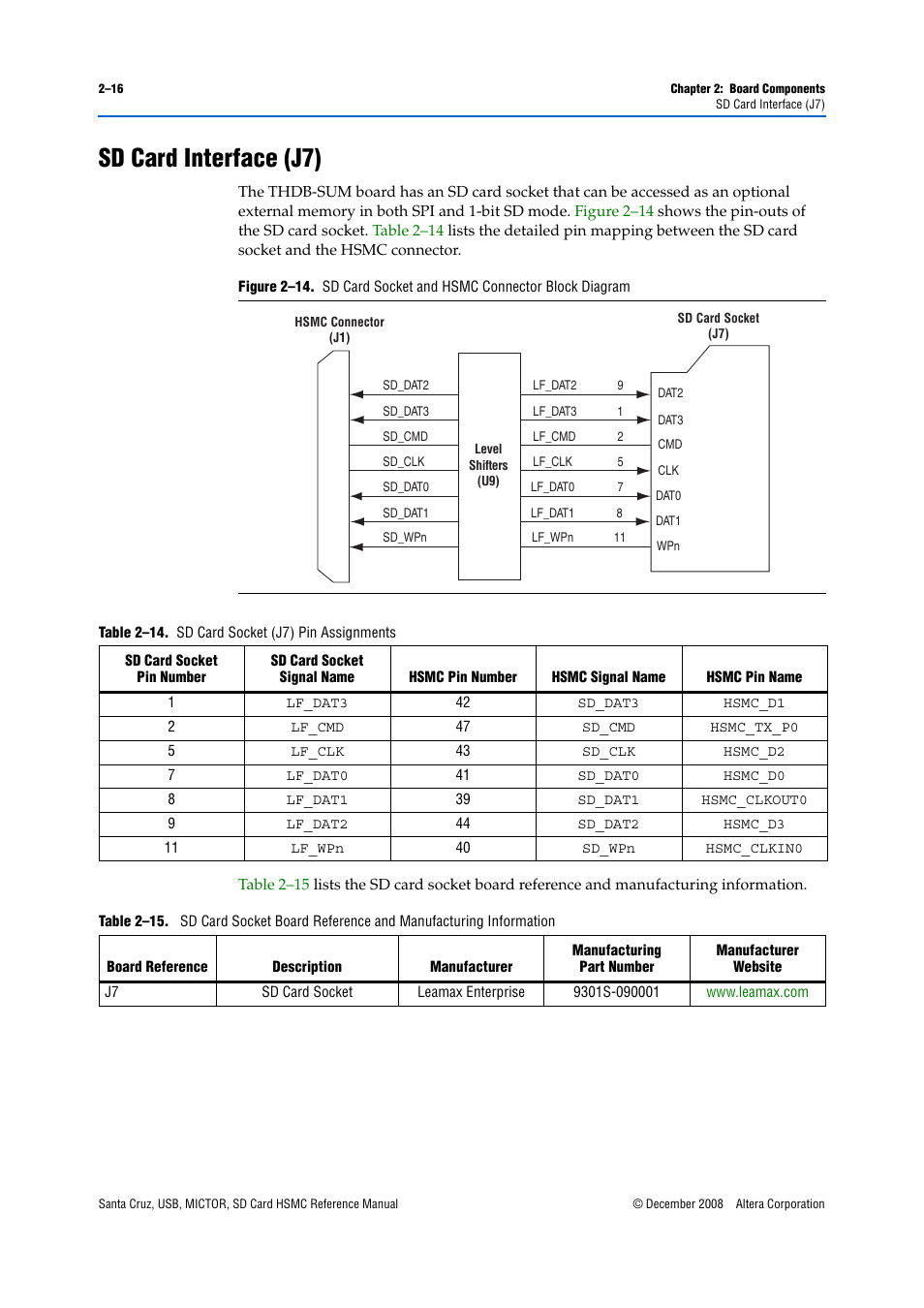 Sd card interface (j7), Sd card interface (j7) –16 | Altera Santa Cruz User Manual | Page 22 / 28