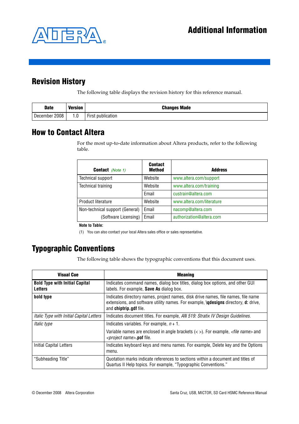 Additional information, Revision history, How to contact altera | Typographic conventions | Altera Santa Cruz User Manual | Page 27 / 28