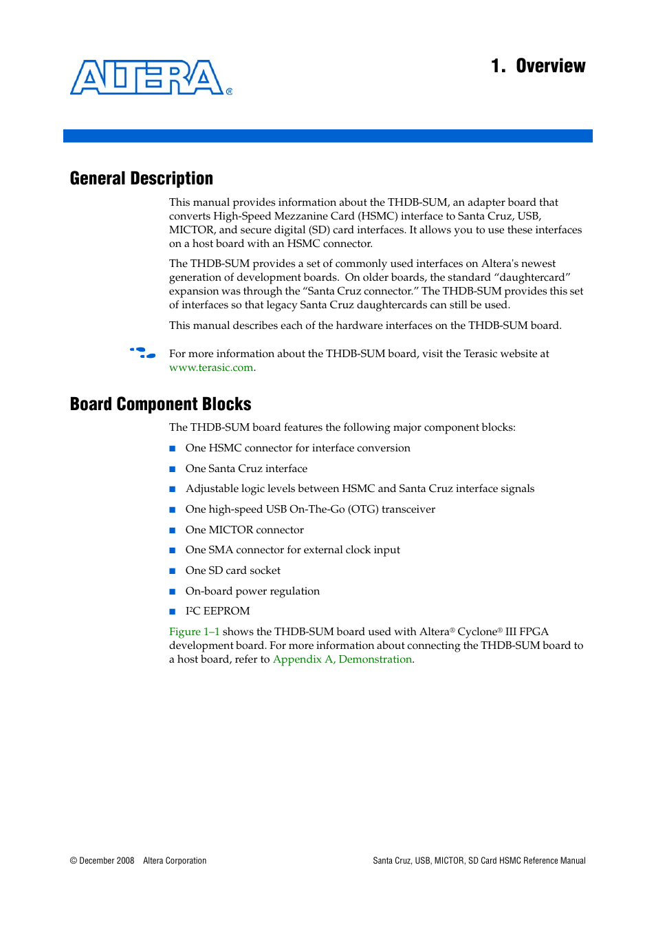 Overview, General description, Board component blocks | Chapter 1. overview, General description –1 board component blocks –1 | Altera Santa Cruz User Manual | Page 5 / 28