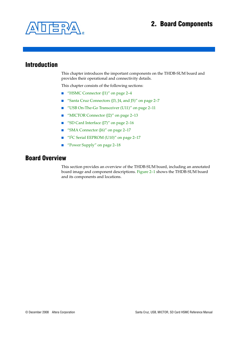 Board components, Introduction, Board overview | Chapter 2. board components, Introduction –1 board overview –1 | Altera Santa Cruz User Manual | Page 7 / 28