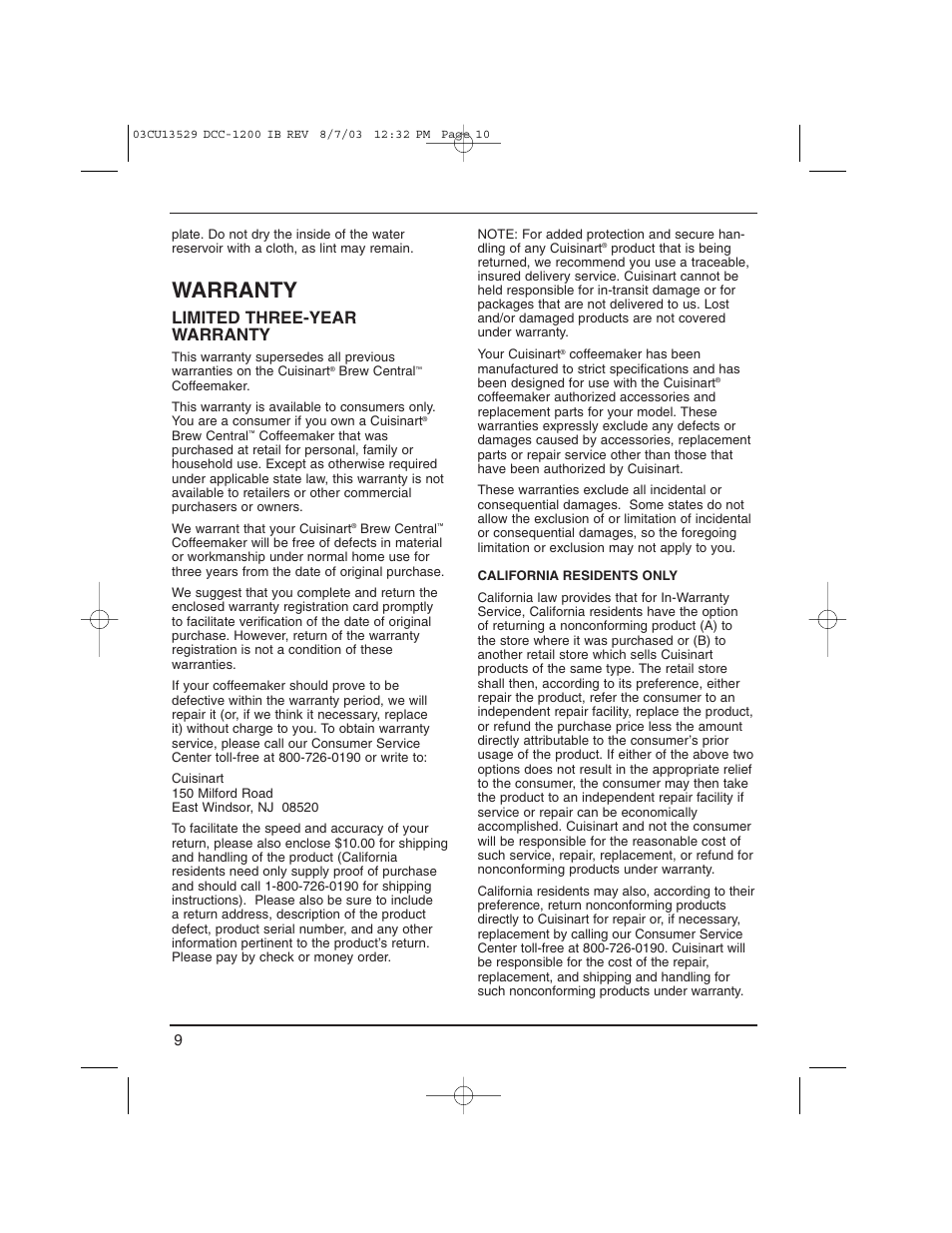 Warranty, Limited three-year warranty | Cuisinart DCC-1200 User Manual | Page 10 / 12