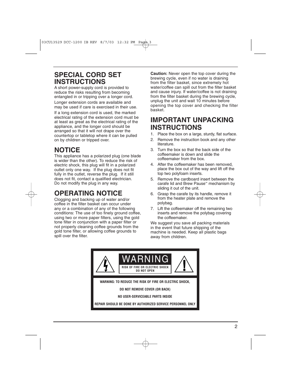 Warning, Special cord set instructions, Notice | Operating notice, Important unpacking instructions | Cuisinart DCC-1200 User Manual | Page 3 / 12