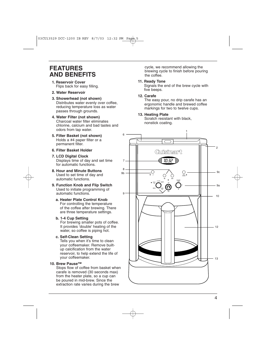 Features and benefits | Cuisinart DCC-1200 User Manual | Page 5 / 12