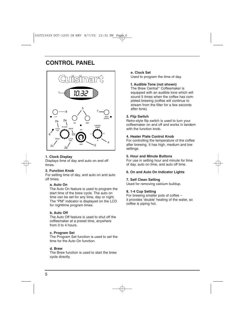 Control panel | Cuisinart DCC-1200 User Manual | Page 6 / 12