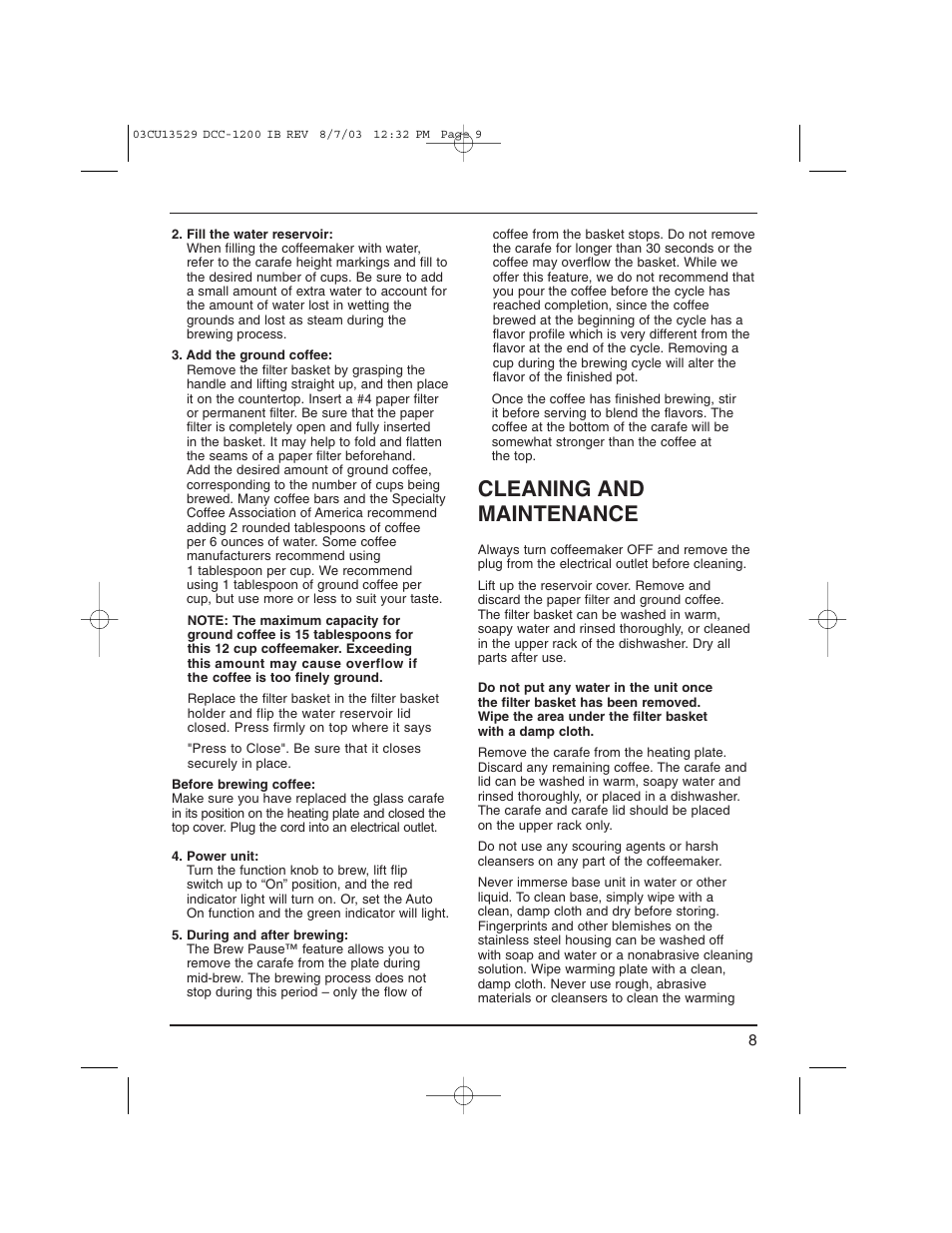 Cleaning and maintenance | Cuisinart DCC-1200 User Manual | Page 9 / 12