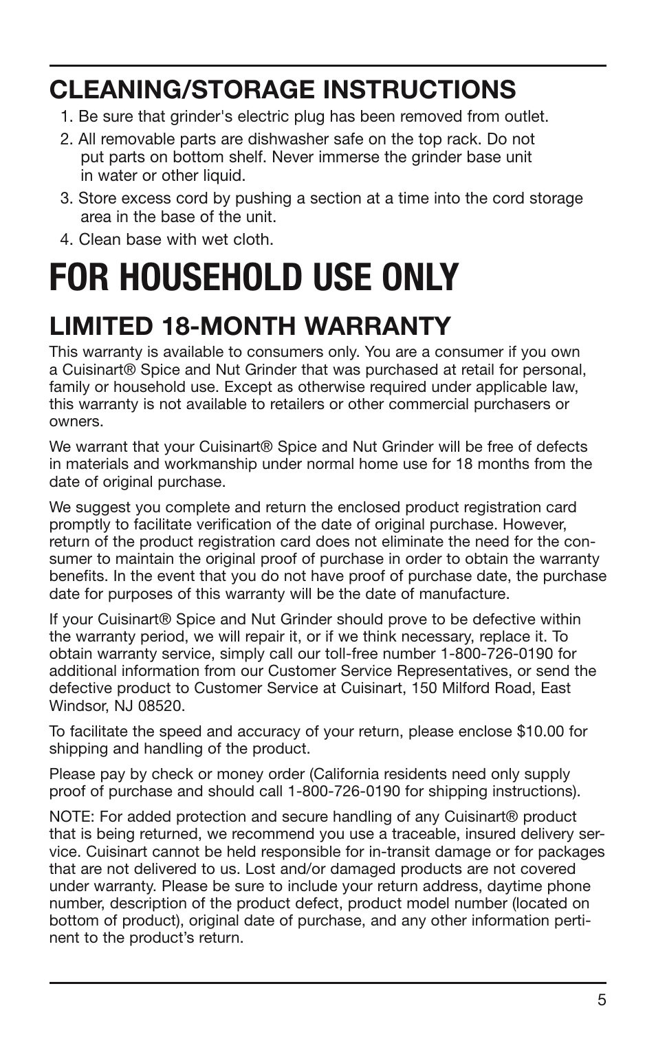For household use only, Cleaning/storage instructions, Limited 18-month warranty | Cuisinart SG-10 User Manual | Page 5 / 20