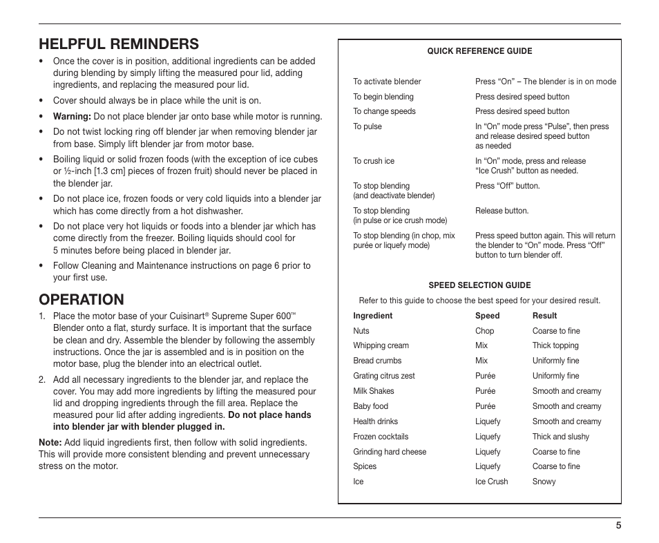 Helpful reminders, Operation | Cuisinart SB-5600 User Manual | Page 5 / 25