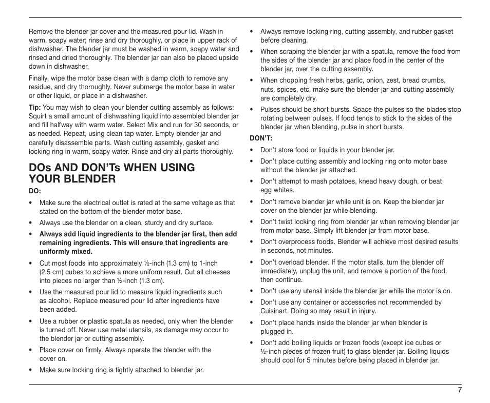 Dos and don’ts when using your blender | Cuisinart SB-5600 User Manual | Page 7 / 25