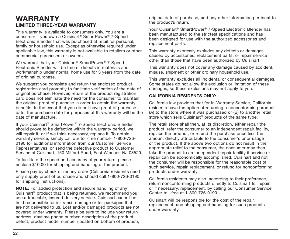 Warranty | Cuisinart SPB-7CH User Manual | Page 22 / 25
