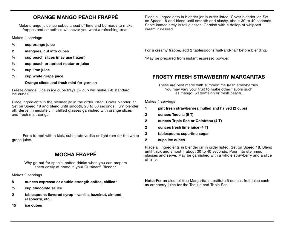 Orange mango peach frappé, Mocha frappé, Frosty fresh strawberry margaritas | Cuisinart CB-18BKSS User Manual | Page 11 / 24