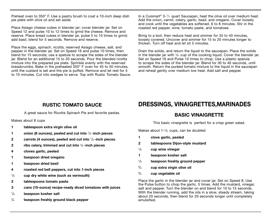 Dressings, vinaigrettes,marinades, Rustic tomato sauce, Basic vinaigrette | Cuisinart CB-18BKSS User Manual | Page 16 / 24